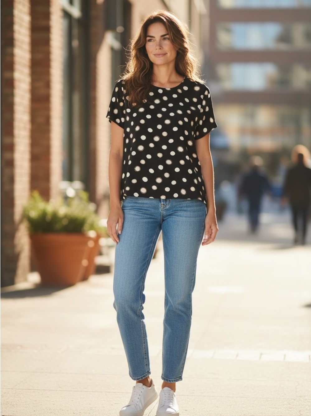 SILK Polka Dot Short-Sleeve Blouse in Black with Cream Accents